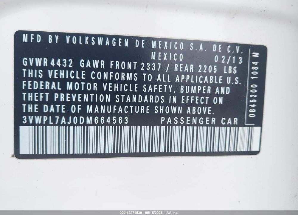 2013 VOLKSWAGEN JETTA VIN: 3VWPL7AJ0DM664563