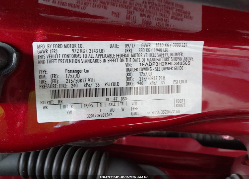 2017 FORD FOCUS SEL VIN: 1FADP3H28HL340565