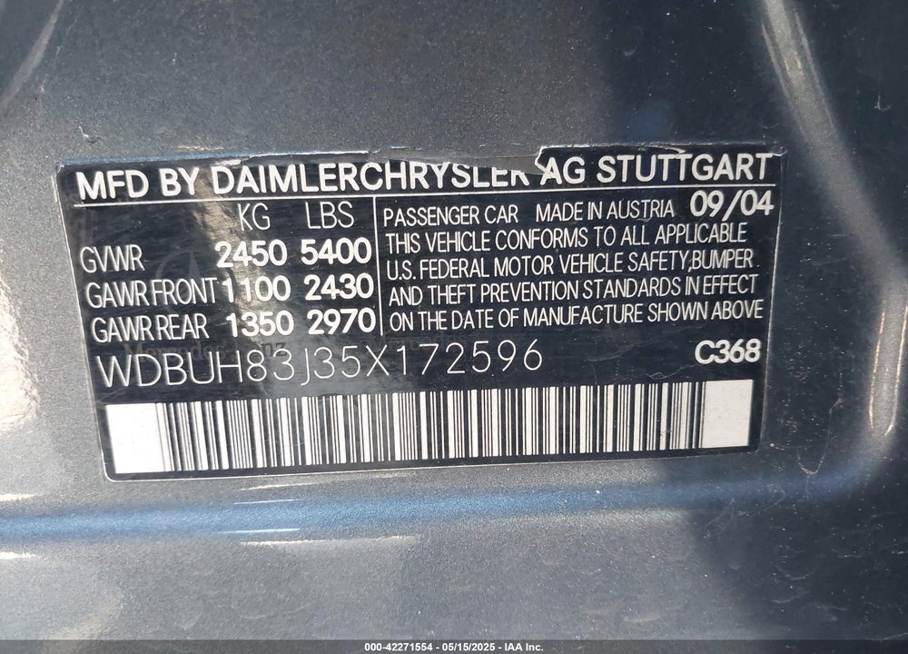 2005 MERCEDES-BENZ E 500 4MATIC VIN: WDBUH83J35X172596