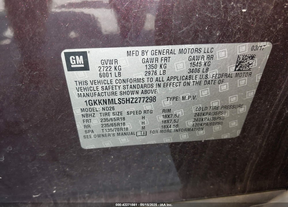 2017 GMC ACADIA SLT-1 VIN: 1GKKNMLS5HZ277298