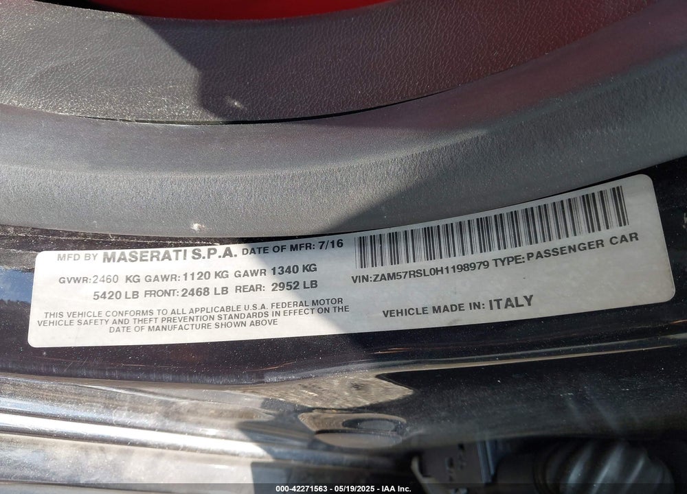 2017 MASERATI GHIBLI VIN: ZAM57RSL0H1198979