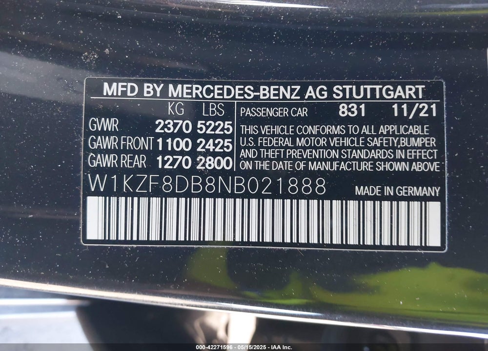 2022 MERCEDES-BENZ E VIN: W1KZF8DB8NB021888