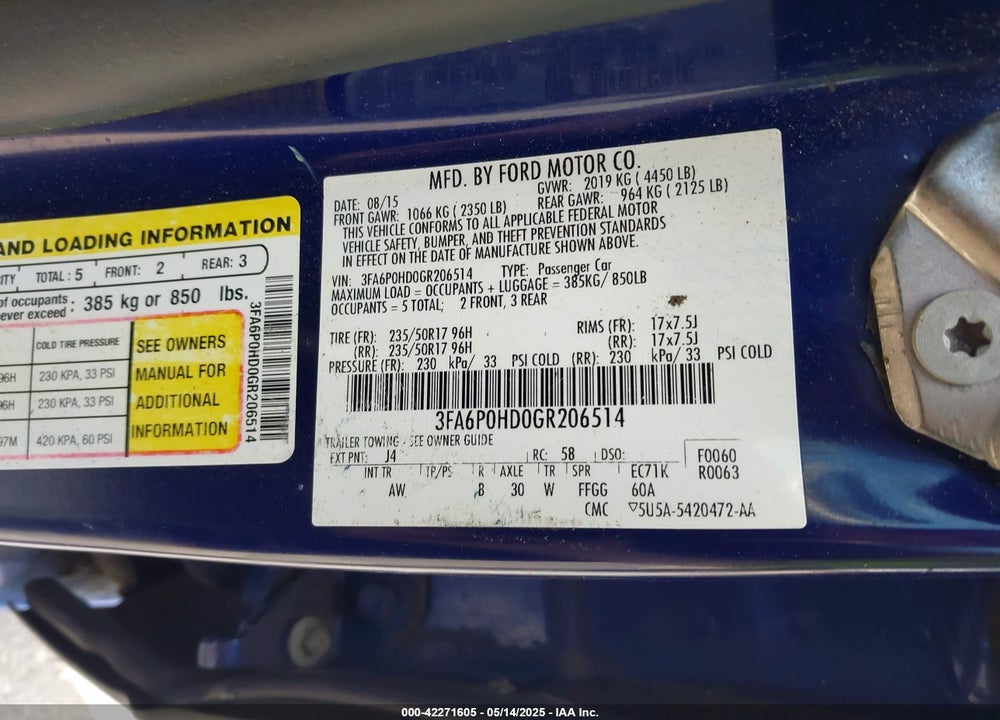 2016 FORD FUSION VIN: 3FA6P0HD0GR206514