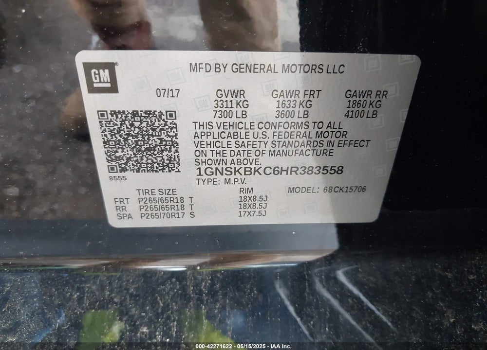 2017 CHEVROLET TAHOE LT VIN: 1GNSKBKC6HR383558