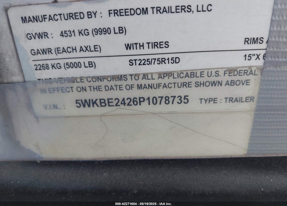 2023 FREEDOM TRAILER LLC VIN: 5WKBE2426P1078735