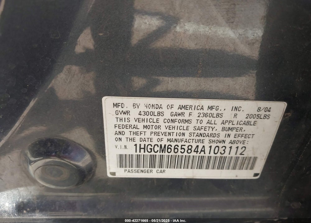 2004 HONDA ACCORD 3.0 EX VIN: 1HGCM66584A103112