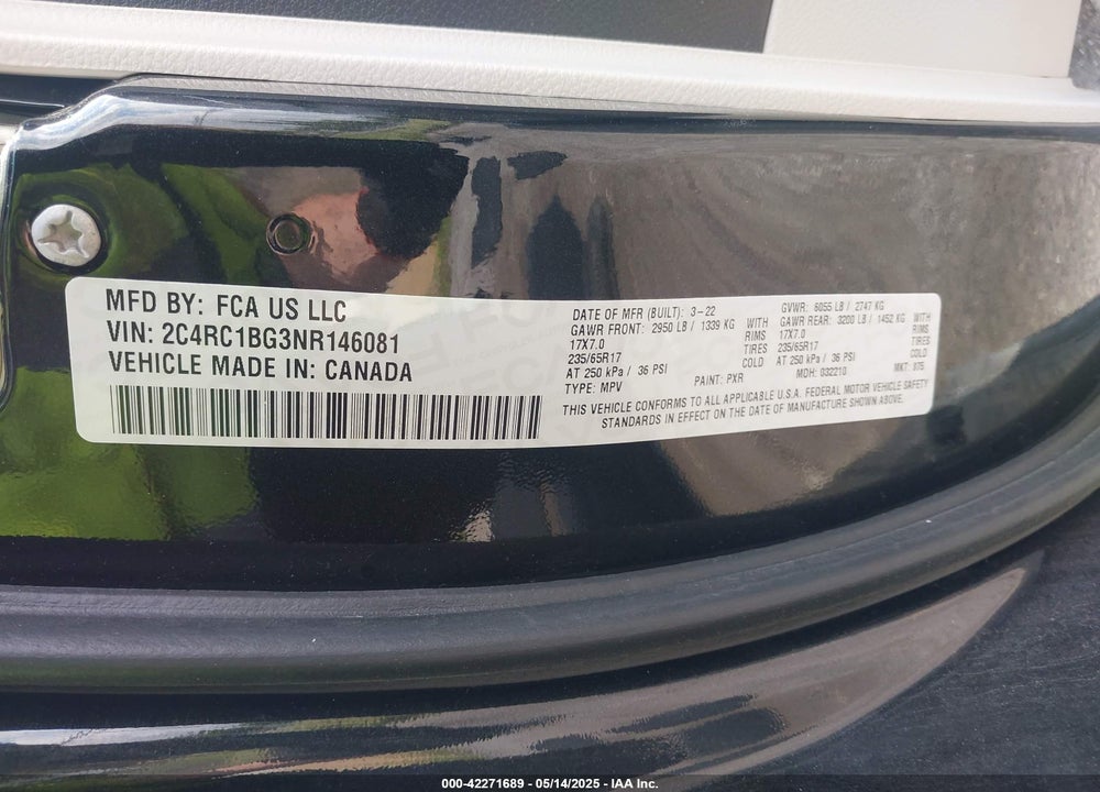 2022 CHRYSLER PACIFICA TOURING L VIN: 2C4RC1BG3NR146081