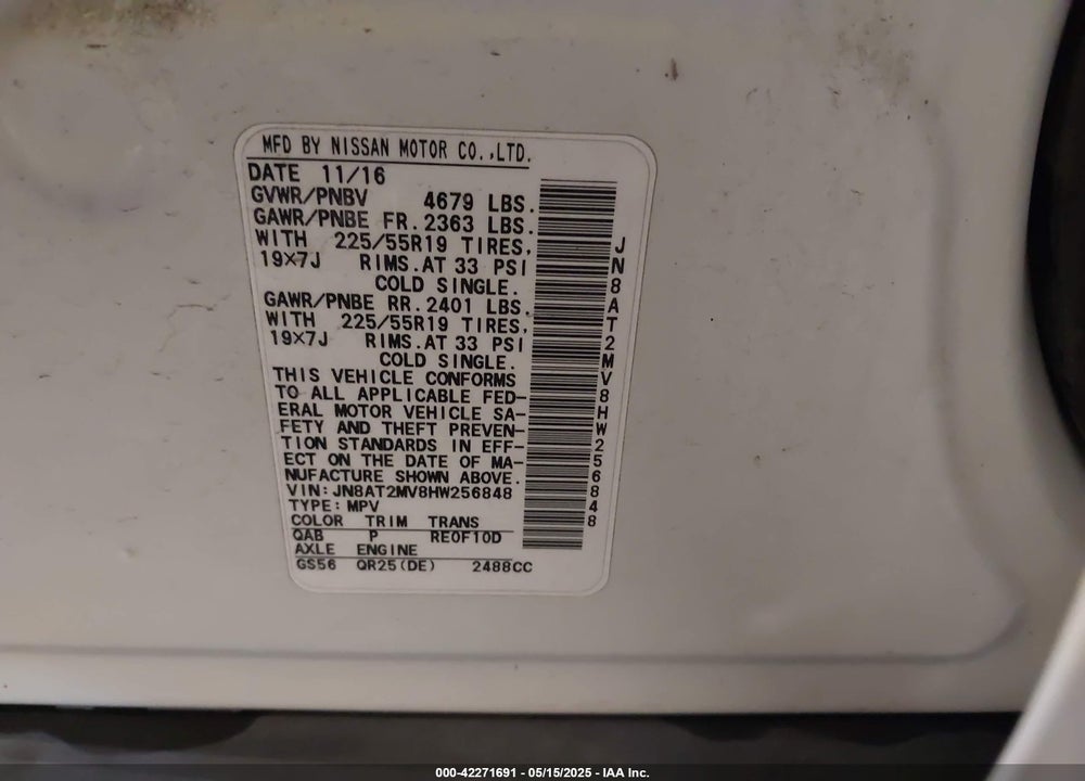 2017 NISSAN ROGUE SL VIN: JN8AT2MV8HW256848
