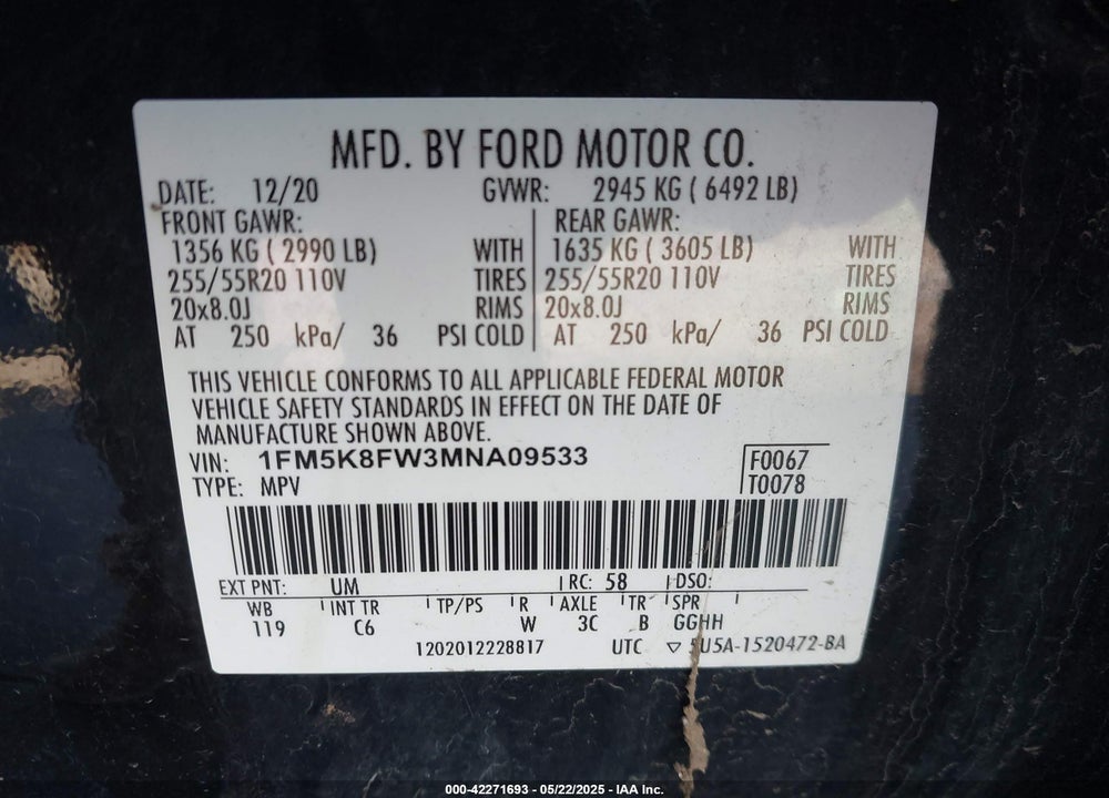 2021 FORD EXPLORER LIMITED VIN: 1FM5K8FW3MNA09533