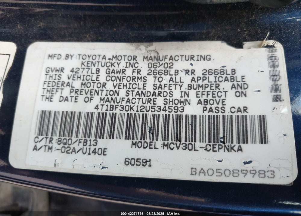 2002 TOYOTA CAMRY LE V6 VIN: 4T1BF30K12U534593