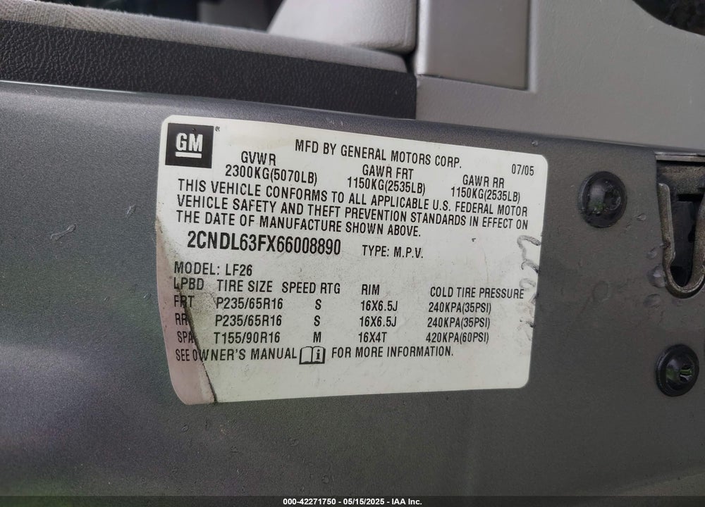 2006 CHEVROLET EQUINOX VIN: 2CNDL63FX66008890
