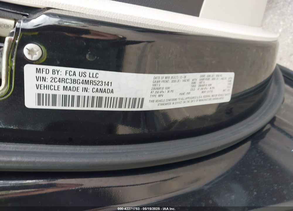 2021 CHRYSLER PACIFICA VIN: 2C4RC3BG4MR523141
