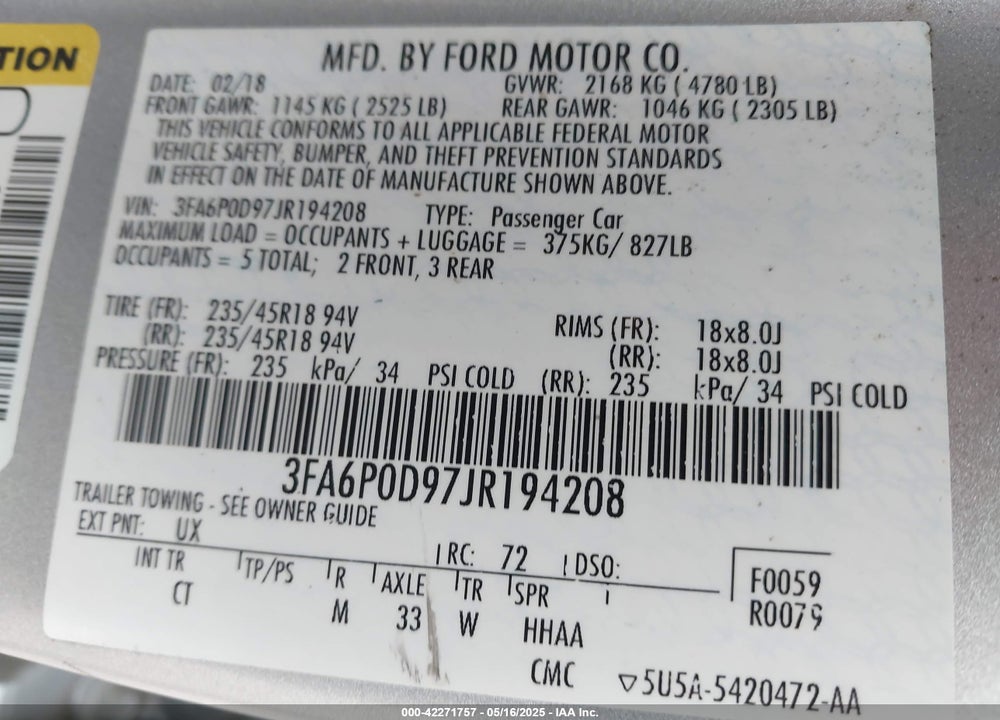 2018 FORD FUSION TITANIUM VIN: 3FA6P0D97JR194208