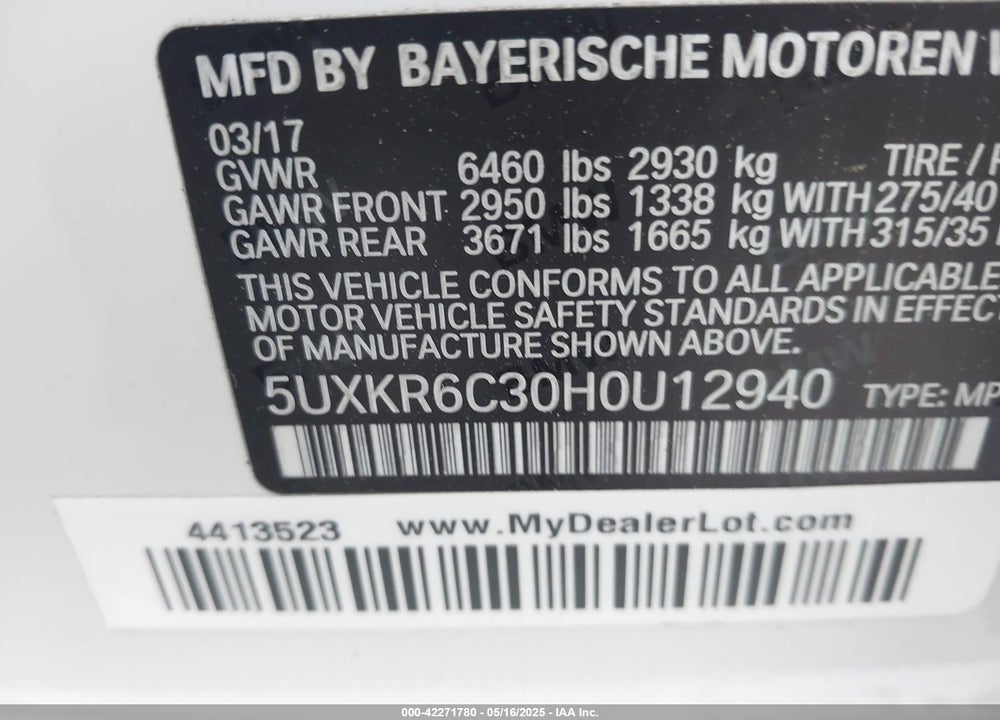2017 BMW X5 XDRIVE50I VIN: 5UXKR6C30H0U12940