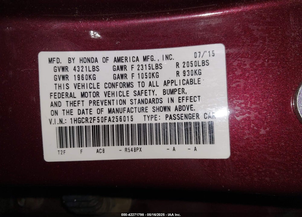 2015 HONDA ACCORD SPORT VIN: 1HGCR2F50FA256015