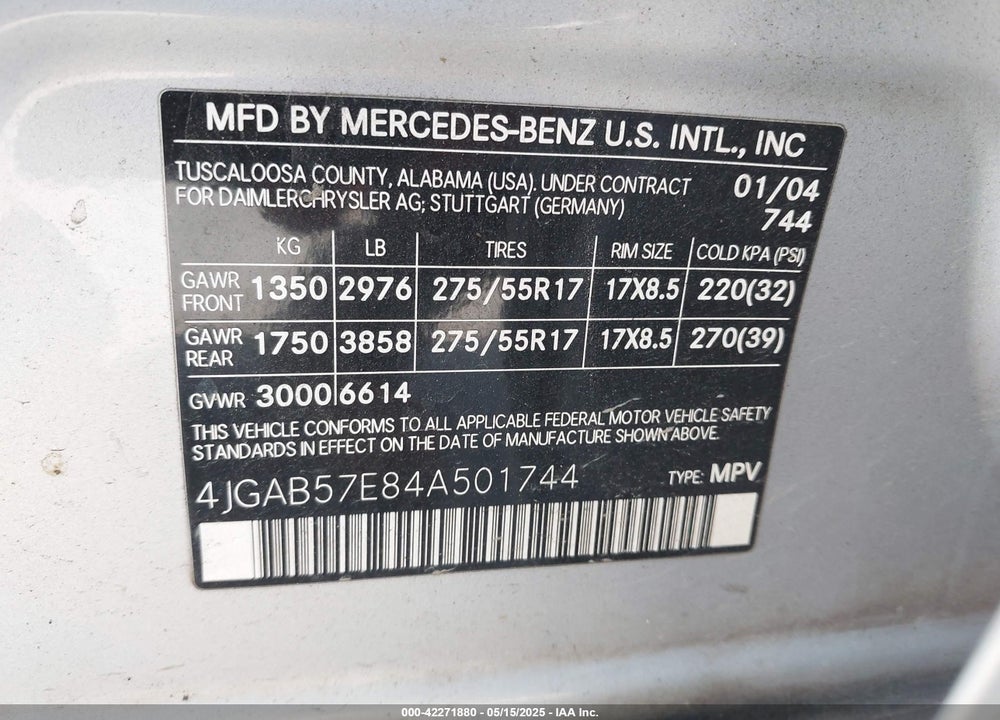 2004 MERCEDES-BENZ ML 350 4MATIC VIN: 4JGAB57E84A501744