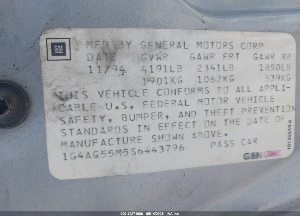 1995 BUICK CENTURY SPECIAL VIN: 1G4AG55M5S6443796