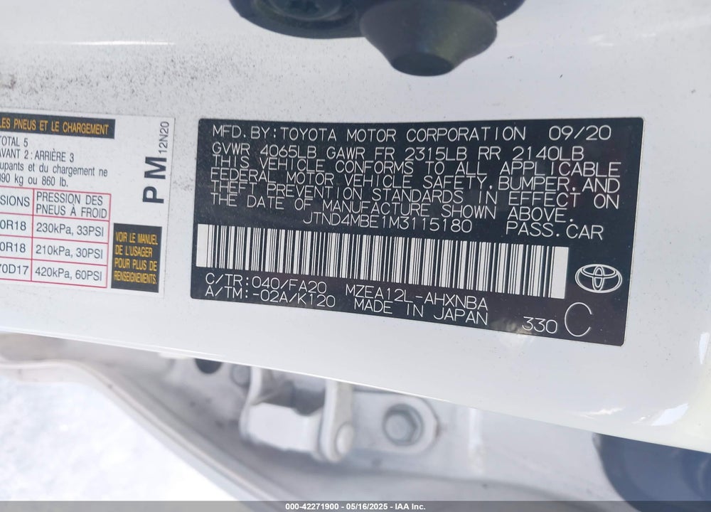 2021 TOYOTA COROLLA VIN: JTND4MBE1M3115180