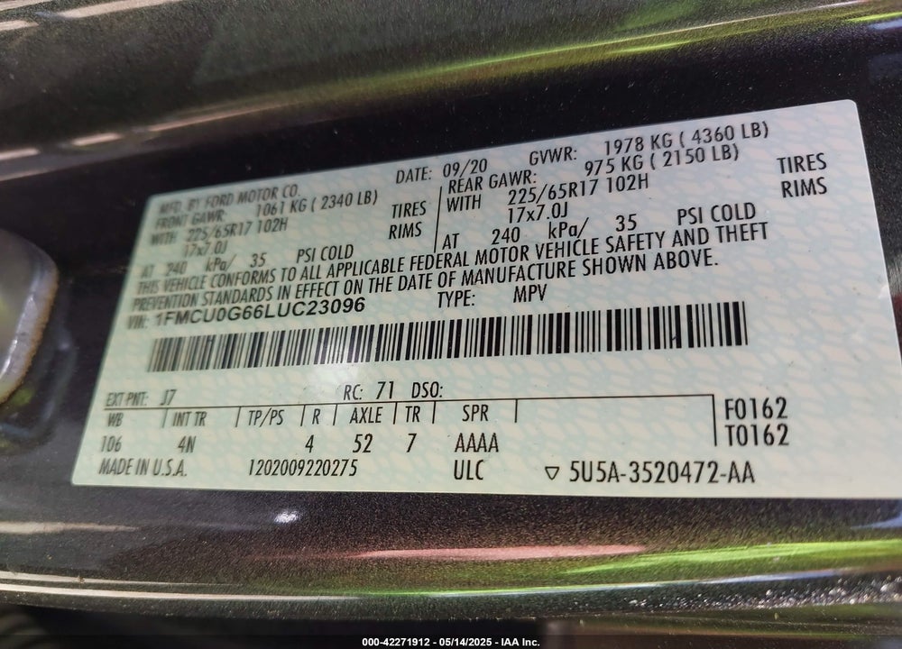 2020 FORD ESCAPE SE VIN: 1FMCU0G66LUC23096