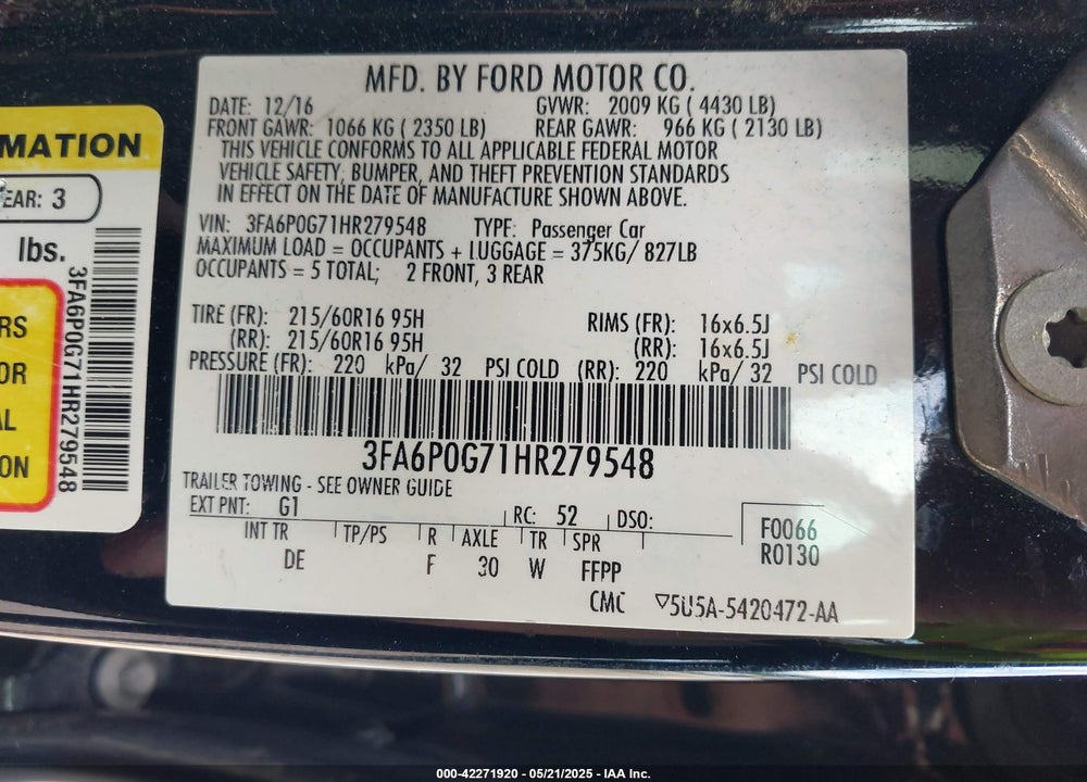 2017 FORD FUSION VIN: 3FA6P0G71HR279548