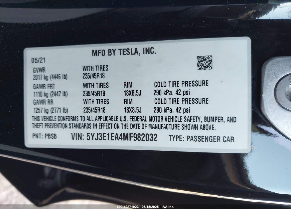 2021 TESLA MODEL 3 VIN: 5YJ3E1EA4MF982032