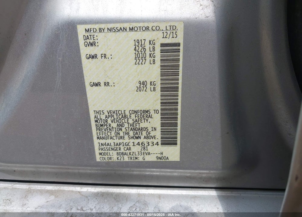 2016 NISSAN ALTIMA VIN: 1N4AL3AP1GC146334