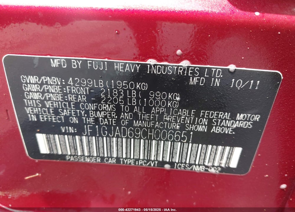 2012 SUBARU IMPREZA 2.0I PREMIUM VIN: JF1GJAD69CH006651