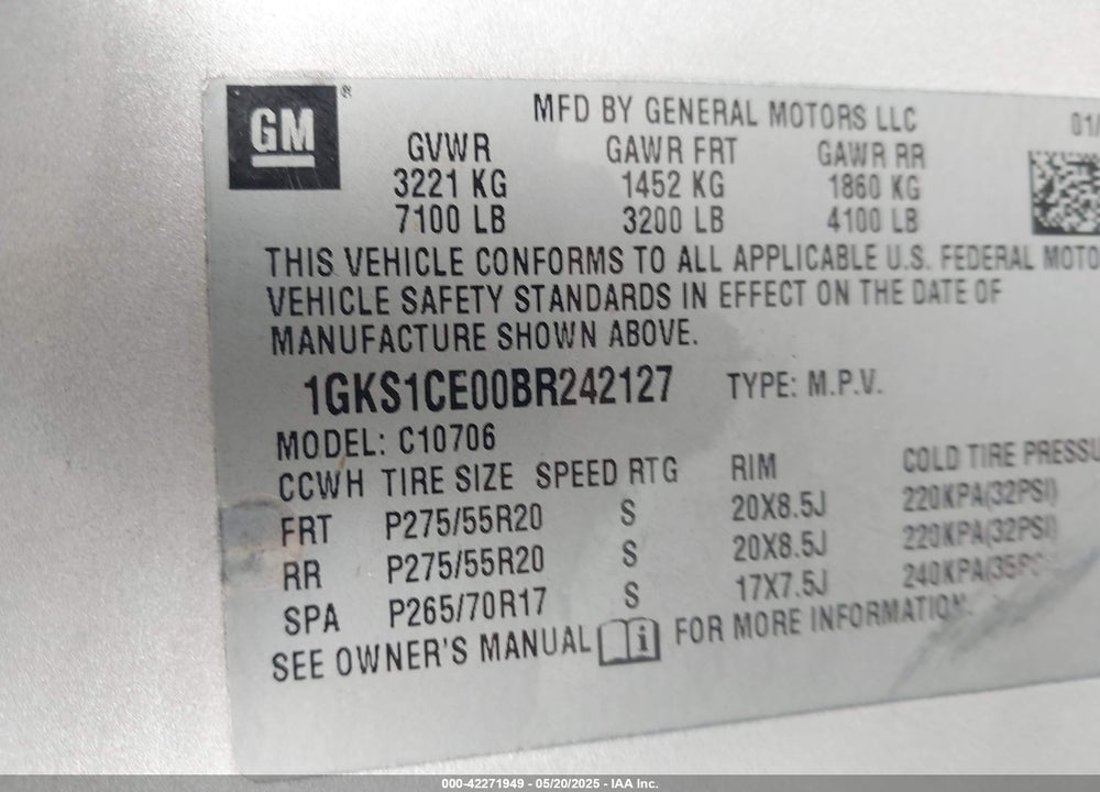 2011 GMC YUKON SLT VIN: 1GKS1CE00BR242127