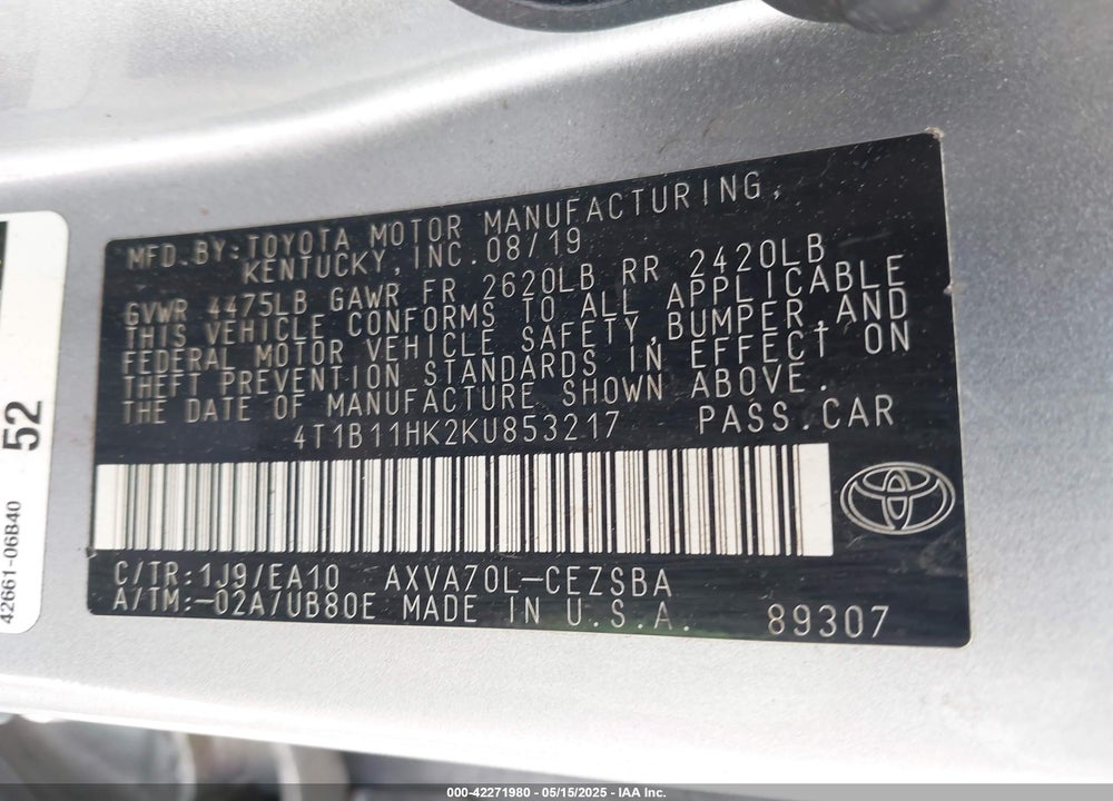 2019 TOYOTA CAMRY VIN: 4T1B11HK2KU853217