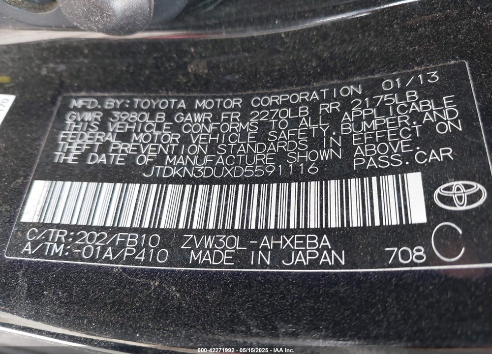 2013 TOYOTA PRIUS VIN: JTDKN3DUXD5591116
