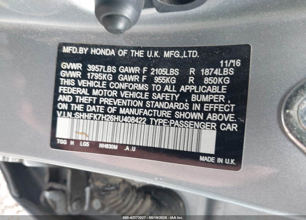 2017 HONDA CIVIC LX VIN: SHHFK7H26HU408422