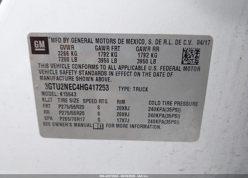 2017 GMC SIERRA 1500 SLT VIN: 3GTU2NEC4HG417253