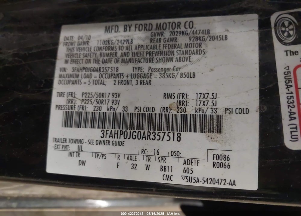 2010 FORD FUSION VIN: 3FAHP0JG0AR357518
