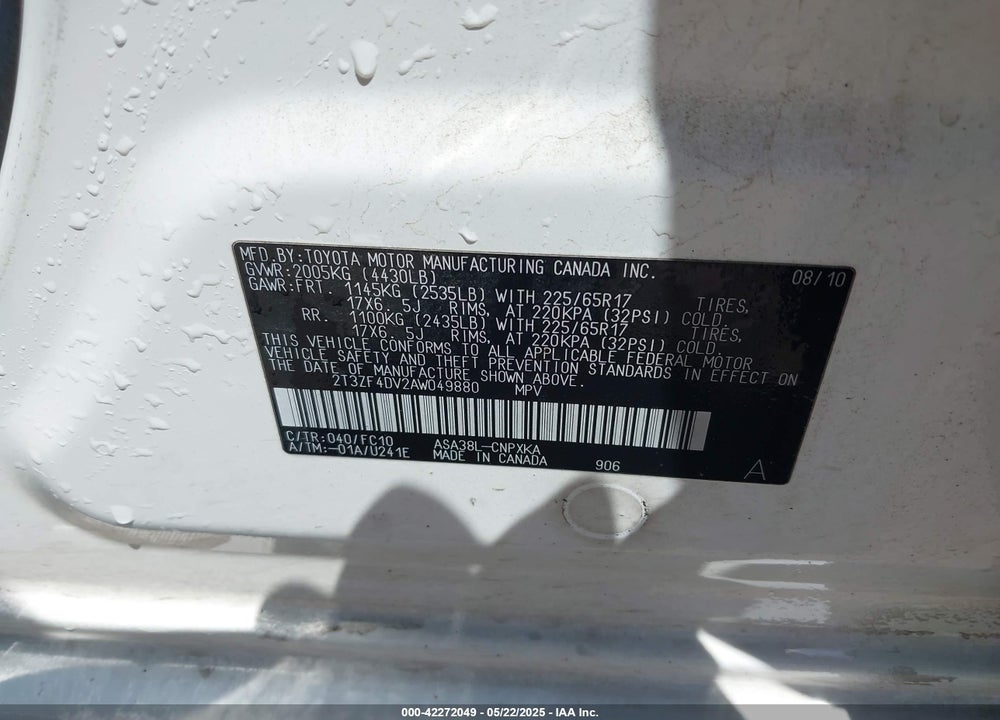 2010 TOYOTA RAV4 VIN: 2T3ZF4DV2AW049880