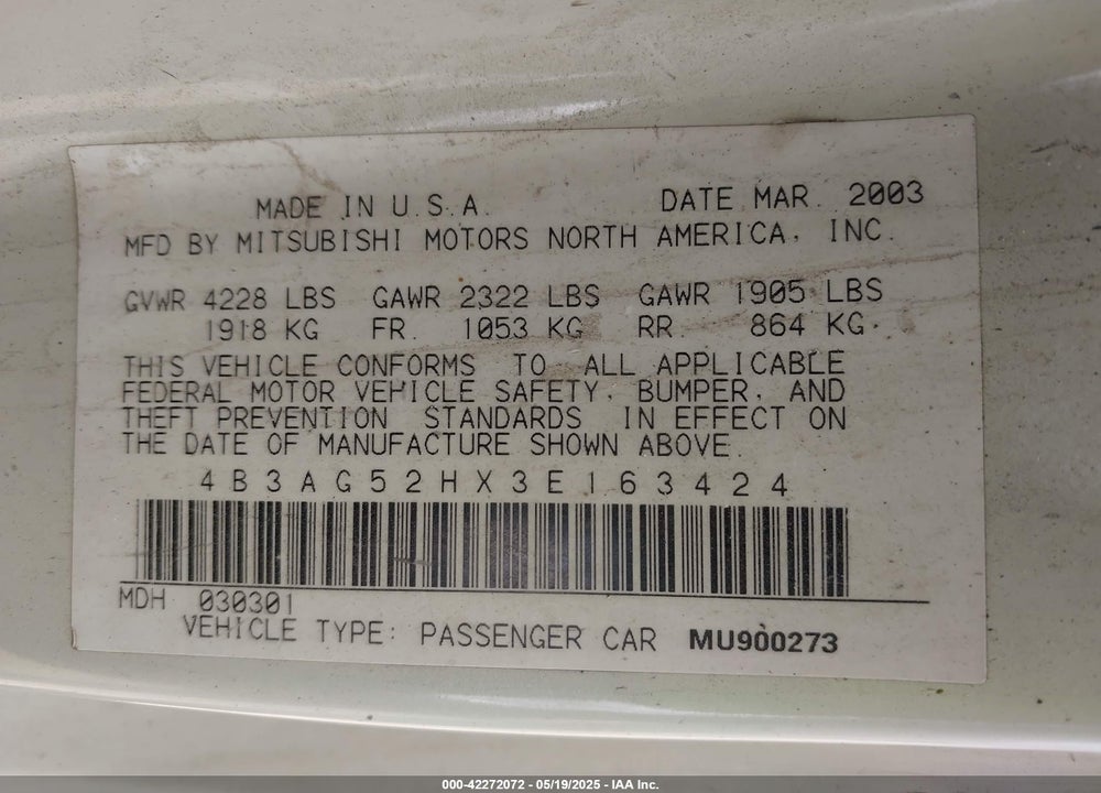 2003 DODGE STRATUS R/T VIN: 4B3AG52HX3E163424