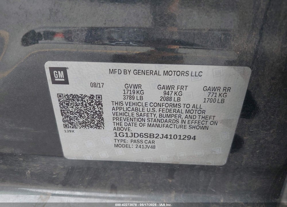 2018 CHEVROLET SONIC VIN: 1G1JD6SB2J4101294