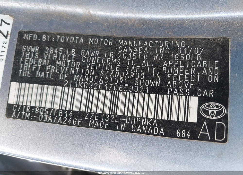 2007 TOYOTA MATRIX/XR VIN: 2T1KR32E17C659021