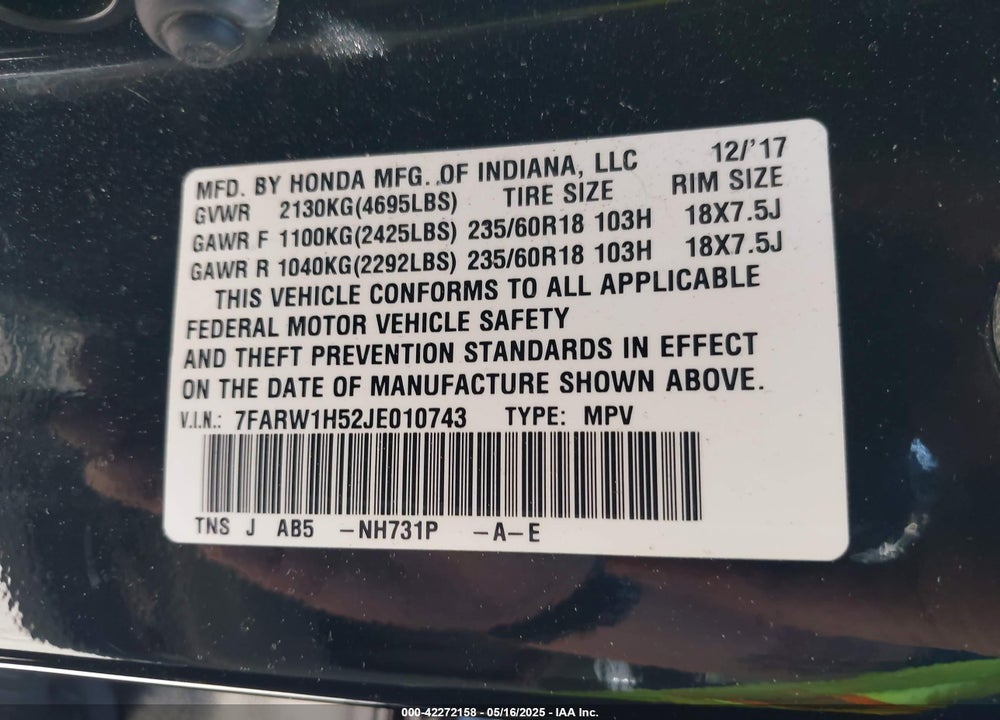 2018 HONDA CR-V EX VIN: 7FARW1H52JE010743