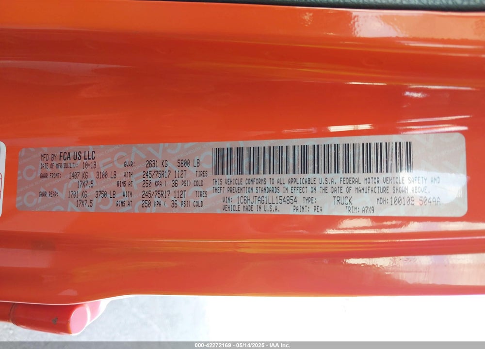2020 JEEP GLADIATOR VIN: 1C6HJTAG1LL154854