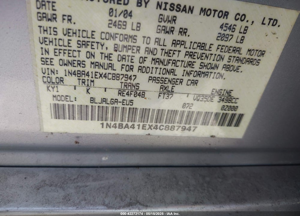 2004 NISSAN MAXIMA 3.5 SL VIN: 1N4BA41EX4C887947