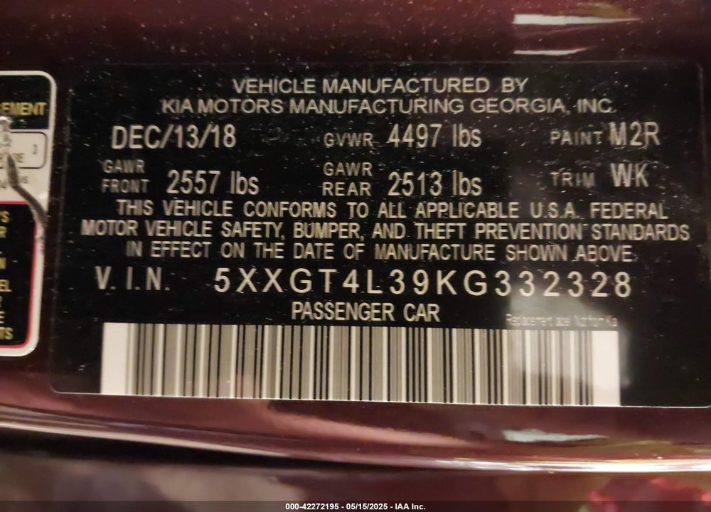 2019 KIA OPTIMA VIN: 5XXGT4L39KG332328