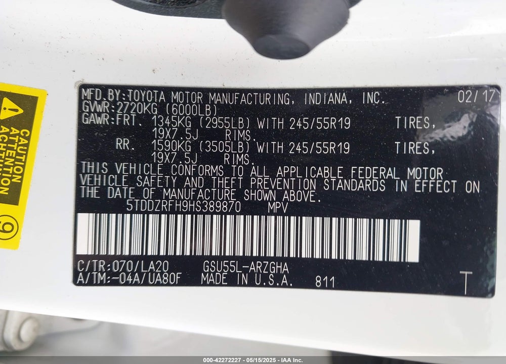 2017 TOYOTA HIGHLANDER LIMITED VIN: 5TDDZRFH9HS389870