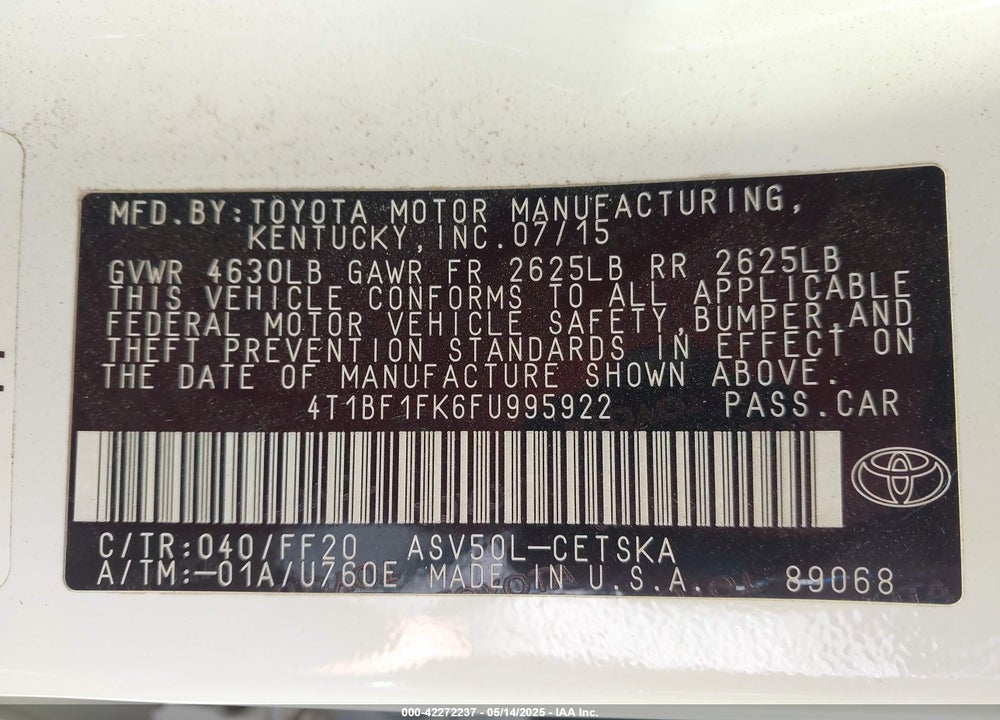 2015 TOYOTA CAMRY VIN: 4T1BF1FK6FU995922