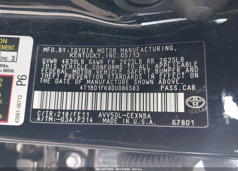 2013 TOYOTA CAMRY HYBRID VIN: 4T1BD1FK8DU086583