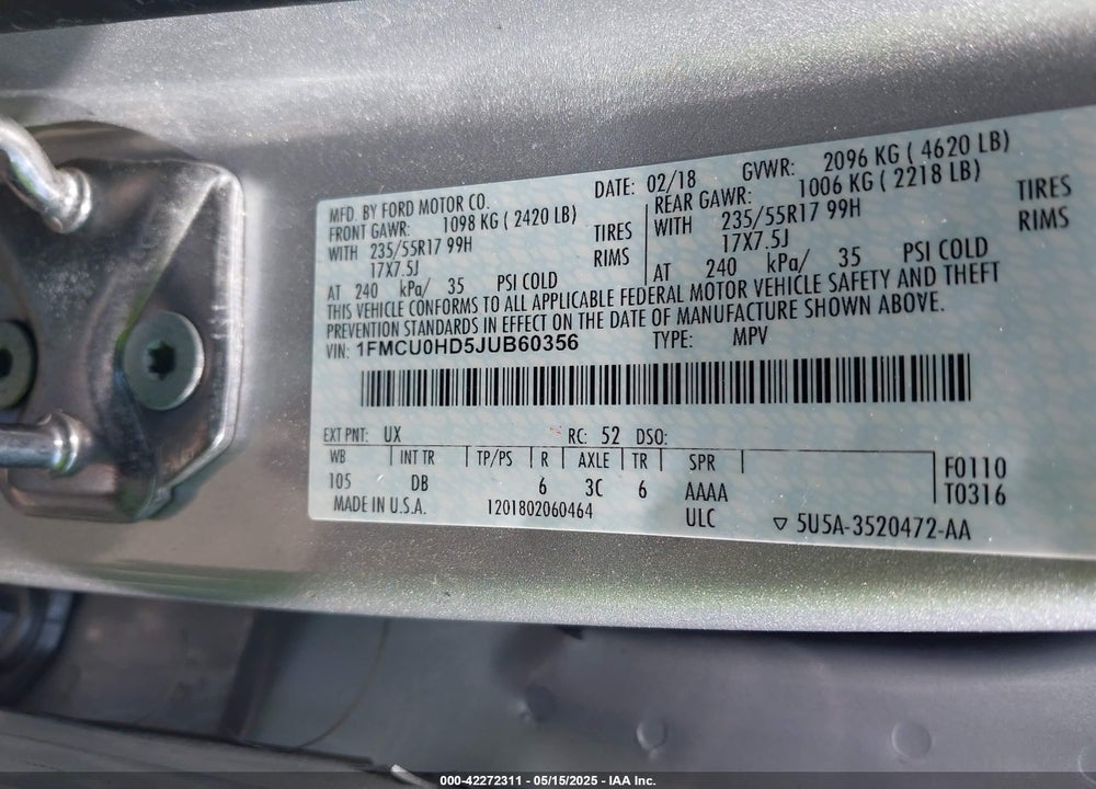 2018 FORD ESCAPE VIN: 1FMCU0HD5JUB60356