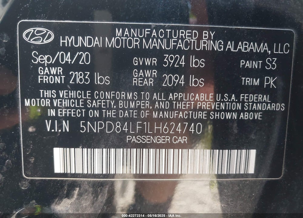 2020 HYUNDAI ELANTRA SEL VIN: 5NPD84LF1LH624740