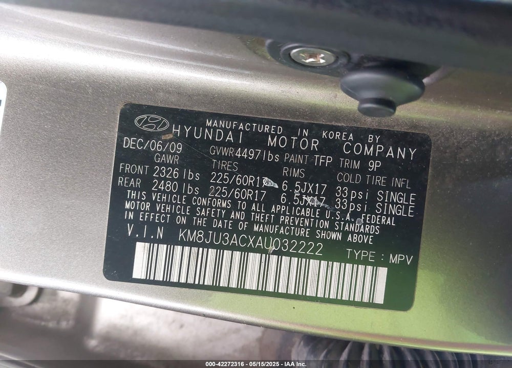2010 HYUNDAI TUCSON GLS VIN: KM8JU3ACXAU032222