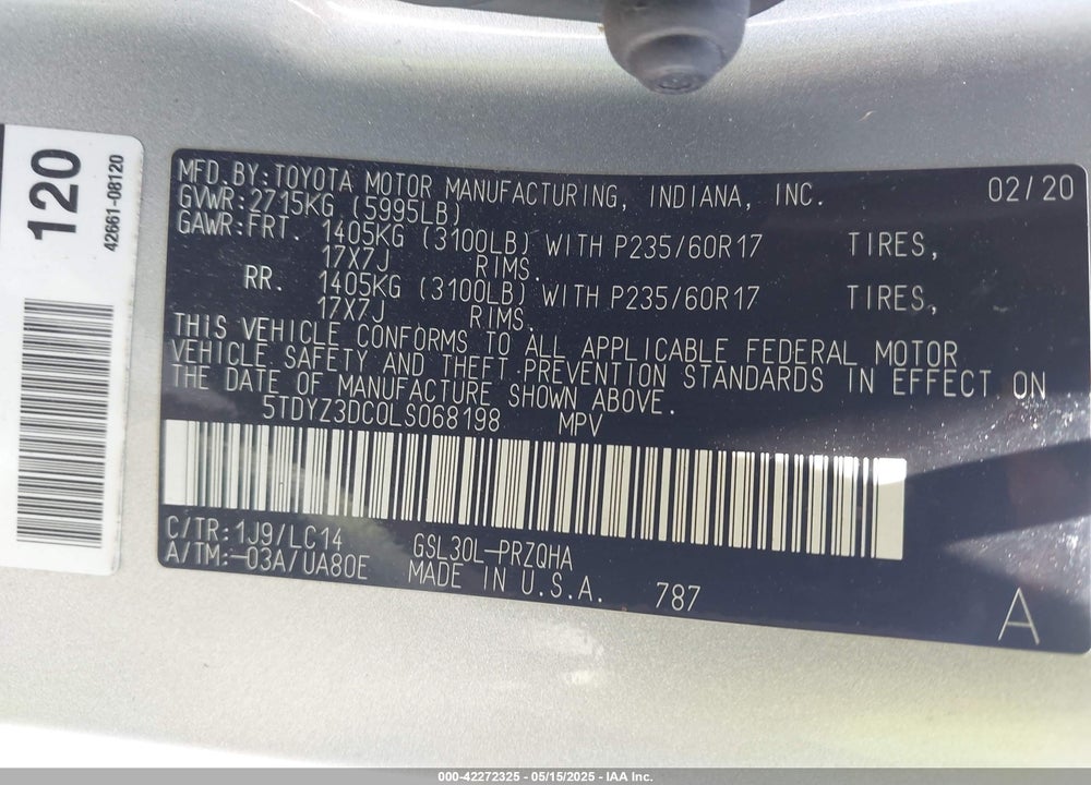 2020 TOYOTA SIENNA XLE VIN: 5TDYZ3DC0LS068198