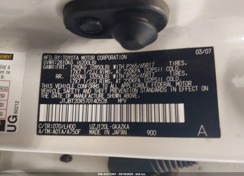 2007 LEXUS GX 470 VIN: JTJBT20X570140528