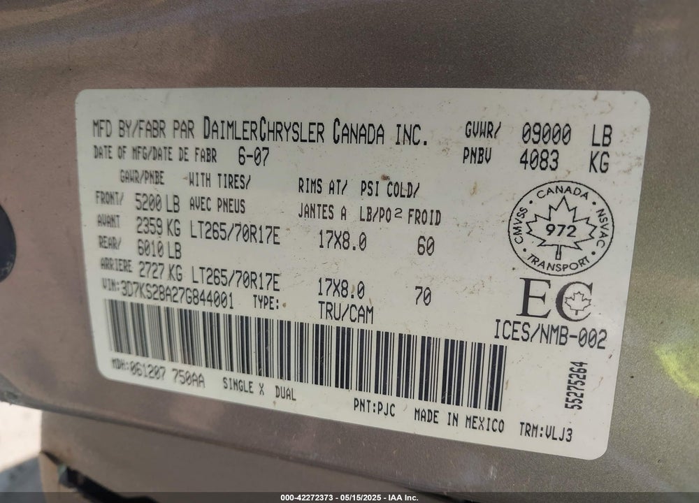 2007 DODGE RAM 2500 LARAMIE VIN: 3D7KS28A27G844001